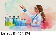 A scientist observes bubbling chemicals in colorful glass containers while engaged in an experimental session in a laboratory setting. Стоковое AI-видео, аниматор Данила Большаков / Фотобанк Лори