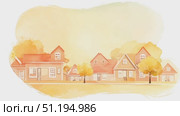 A tranquil morning unfolds in the countryside as soft light illuminates cozy homes nestled among lush greenery and rolling hills. Стоковое AI-видео, аниматор Данила Большаков / Фотобанк Лори