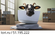 A goat hilariously dressed in a suit is seen overwhelmed by a stack of paperwork in a contemporary office during a bustling afternoon. Стоковое AI-видео, аниматор Данила Большаков / Фотобанк Лори