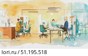 A modern workspace filled with professionals engaged in teamwork and collaboration, featuring bright colors and contemporary design elements. Стоковое AI-видео, аниматор Данила Большаков / Фотобанк Лори