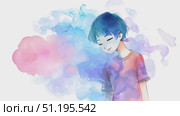 A cheerful animated young boy stands happily, featuring bright blue hair and a colorful shirt, creating a lively atmosphere of joy and positivity. Стоковое AI-видео, аниматор Данила Большаков / Фотобанк Лори