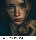 Портрет девушки с золотым кулоном. Стоковое AI-изображение, AI-художник Евгений Моторин / Фотобанк Лори