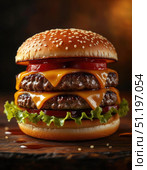 A large hamburger with cheese and lettuce on a wooden table. Стоковое AI-изображение, AI-художник Ярославский Максим / Фотобанк Лори