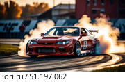 A red race car is driving down a track with smoke coming out of its exhaust. Стоковое фото, фотограф Ярославский Максим / Фотобанк Лори