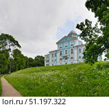 Особняк Воронцова (усадьба Новознаменка, Санкт-Петербург), сине-белый дворец в стиле барокко работы Трезини и Ринальди, летний вид с зелёным лугом. Стоковое фото, фотограф Елена  Попкова / Фотобанк Лори
