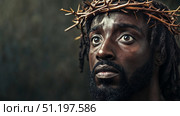 Jesus in crown of thorns with red drops on his face. Стоковое AI-изображение, AI-художник Anastasy Yarmolovich / Фотобанк Лори
