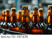 Beer Bottling plant. Brown Beer Bottles in rows. Bottling process in modern factory. Capped Glass Beer Bottles ready for distribution in a brewery. Manufacturing. Production of beer in a glass bottle. Стоковое AI-изображение, AI-художник Марина Демидюк / Фотобанк Лори