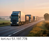Грузовые автомобили в движении по шоссе на закате / Trucks in traffic on the highway at sunset. Стоковое AI-изображение, AI-художник Валерий Лукин / Фотобанк Лори