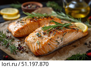 Salmon fillets with herbs, lemon juice, salt, pepper, rosemary, and olive oil on a grilling sheet, against a dark background. Two grilled salmon fillets on parchment paper. Golden-brown texture fish. Стоковое AI-изображение, AI-художник Марина Демидюк / Фотобанк Лори