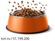 Orange steel pet bowl with small brown kibble food particles flying out of it isolated white background. Metal feline animal bowl full of dog food spilling into it. Dry cat feed floating in the air. Стоковое AI-изображение, AI-художник Марина Демидюк / Фотобанк Лори