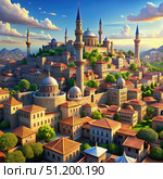 An Animated Cityscape of Sûnemrz With Tall Minarets and Domes at Sunset. Generative AI. Стоковое AI-изображение, AI-художник Roman Zavorotny / Фотобанк Лори