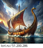 Concept Art of a Drakkar Sailing at Sunset. Generative AI. Стоковое AI-изображение, AI-художник Roman Zavorotny / Фотобанк Лори