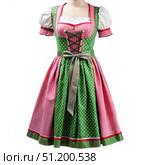 Traditional Green and Red Dirndl Dress With White Blouse and Green Ribbon. Generative AI. Стоковое AI-изображение, AI-художник Roman Zavorotny / Фотобанк Лори