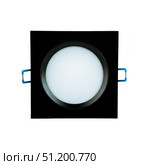 Black square recessed ceiling spotlight, isolated on white background, modern lighting fixture for home, office, or commercial interiors. Стоковое фото, фотограф Татьяна Терехина / Фотобанк Лори