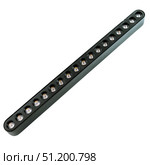 Black track LED light with rounded edges and circular lamp modules, neutral glow, isolated on white background for catalog images and interior projects. Стоковое фото, фотограф Татьяна Терехина / Фотобанк Лори