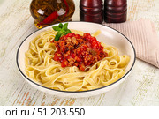 Italian pasta linguine Bolognese with meat. Стоковое фото, фотограф Андрей Старостин / Фотобанк Лори