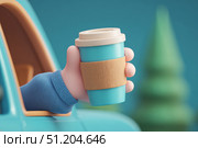 Cartoon hand holding reusable coffee cup out of blue car window in forest. Стоковое AI-изображение, AI-художник Zakharova Natasha / Фотобанк Лори