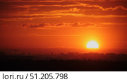 Striking sunset with vivid orange tones illuminating the sky above a silhouetted city skyline and forest treetops in the foreground. Стоковое фото, фотограф Андрей Журавлев / Фотобанк Лори