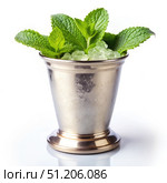 Front View of a Mint Julep in a Silver Cup. Generative AI. Стоковое AI-изображение, AI-художник Roman Zavorotny / Фотобанк Лори