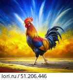 Colorful Rooster Standing in a Field at Sunrise. Generative AI. Стоковое AI-изображение, AI-художник Roman Zavorotny / Фотобанк Лори