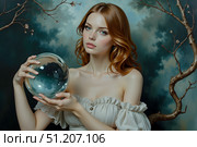 Молодая женщина с длинными волосами, нежно держащая кристальный шар на художественном фоне. Стоковое AI-изображение, AI-художник Димитрова Наталья Ивановна / Фотобанк Лори