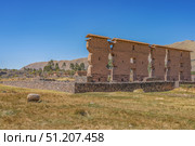 Ruins of the ancient archaeological site of the Incas Raqchi. A Temple of Wiracocha with a stone base and adobe walls. A sheep grazes on the yellowed grass. Clear blue sky. Peru. Cusco Region. Стоковое фото, фотограф Вера Ивановна Кубарева / Фотобанк Лори