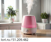 Pink Humidifier Diffusing Steam on a Wooden Table in a Modern Home. Generative AI. Стоковое AI-изображение, AI-художник Roman Zavorotny / Фотобанк Лори