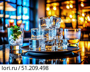 Stack of Ice Cubes on a Plate in a Bar Setting. Generative AI. Стоковое AI-изображение, AI-художник Roman Zavorotny / Фотобанк Лори