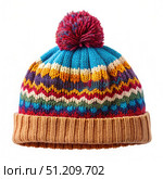 Colorful Knitted Beanie With Pom Pom Isolated on White Background. Generative AI. Стоковое AI-изображение, AI-художник Roman Zavorotny / Фотобанк Лори