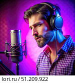 A Man Recording Audio In A Studio With A Microphone. Generative AI. Стоковое AI-изображение, AI-художник Roman Zavorotny / Фотобанк Лори
