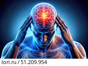 Человек с болями в голове, визуализация мозга. Стоковое AI-изображение, AI-художник Roman Zavorotny / Фотобанк Лори