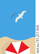 Seagull soaring over a beach umbrella and sandy sea or ocean side. Vector illustration. Стоковая иллюстрация, иллюстратор Лариса Потехина / Фотобанк Лори