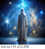 A Solitary Figure Contemplates the Infinite Vastness of the Cosmos. Generative AI. Стоковое AI-изображение, AI-художник Roman Zavorotny / Фотобанк Лори