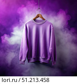 Purple Crewneck Sweatshirt Hanging Against a Purple Background. Generative AI. Стоковое AI-изображение, AI-художник Roman Zavorotny / Фотобанк Лори