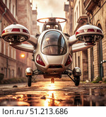 Futuristic Personal Flying Vehicle Hovering Over City Street at Sunset. Generative AI. Стоковое AI-изображение, AI-художник Roman Zavorotny / Фотобанк Лори