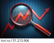 Red Magnifying Glass Examining Upward Trend Arrow on Gridded Blue Background. Generative AI. Стоковое AI-изображение, AI-художник Roman Zavorotny / Фотобанк Лори