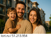 A Happy Family Portrait Capturing Joyful Moments Together in a Serene Urban Setting with Smiling Faces Filled with Love and Happiness. Стоковое AI-изображение, AI-художник Башкирова Анна / Фотобанк Лори