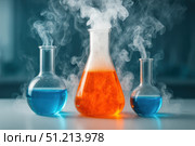 Colorful Chemical Reactions in Laboratory Glassware with Rising Steam and Smoke Effects Representing Scientific Exploration and Discovery. Стоковое AI-изображение, AI-художник Башкирова Анна / Фотобанк Лори