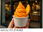 Delicious and Creamy Mango Soft Serve Ice Cream in a Cup, Perfectly Swirled to Tempt Your Taste Buds with a Slice of Fresh Mango Garnishing the Treat. Стоковое AI-изображение, AI-художник Башкирова Анна / Фотобанк Лори
