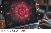A person interacts with a high-tech digital interface displayed on a laptop, showcasing intricate graphics in a warm and inviting room. Стоковое AI-видео, аниматор Данила Большаков / Фотобанк Лори
