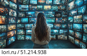 A person stands captivated in a dimly lit space surrounded by multiple screens displaying stunning digital artworks from various creators. Стоковое AI-видео, аниматор Данила Большаков / Фотобанк Лори