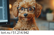 A small, fluffy dog with glasses attentively observes the computer at a desk, exuding charm and curiosity in a warm setting. Стоковое AI-видео, аниматор Данила Большаков / Фотобанк Лори