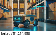 An autonomous delivery robot navigates through a busy warehouse, efficiently moving packages and avoiding obstacles in a modern logistics facility. Стоковое AI-видео, аниматор Данила Большаков / Фотобанк Лори
