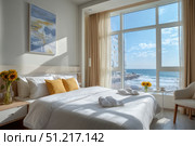 Clean bed. Light bedroom. Modern apartment interior. White sheet, soft pillow, blanket. Sea view, ocean. Home, hotel stylish design. Comfortable grey bedding set closeup. Spa resort ad. Rent business. Стоковое AI-изображение, AI-художник Марина Демидюк / Фотобанк Лори