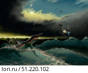 Pliosaurus irgisensis attacking a shark. Yuriy Priymak/Stocktrek Images/TASS. Стоковое фото, агентство ТАСС / Фотобанк Лори