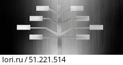 Metallic tree structure connecting white blank boxes on a dark brushed metal background, representing data storage, network infrastructure, or hierarchical organization. Стоковое AI-изображение, AI-художник Юрий Поздников / Фотобанк Лори