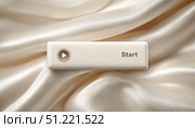Neutral toned play button positioned on smooth silk fabric, highlighting minimalist design with soft undulating surface and refined textural qualities. Стоковое AI-изображение, AI-художник Юрий Поздников / Фотобанк Лори