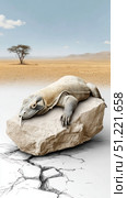 Komodo dragon perching on rocky terrain, merging photographic realism with artistic rendering, depicting exotic predator within surreal desert environment. Стоковое AI-изображение, AI-художник Юрий Поздников / Фотобанк Лори