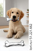 Golden retriever puppy resting on floor, holding cartoon bone drawing, expressing joy and anticipation of delicious snacks and playful adventures. Стоковое AI-изображение, AI-художник Юрий Поздников / Фотобанк Лори