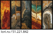 Paint cascading, blending dynamically across surface with gold, black, brown, orange, teal hues creating fluid abstract patterns revealing mesmerizing visual artistry. Стоковое AI-видео, аниматор Юрий Поздников / Фотобанк Лори
